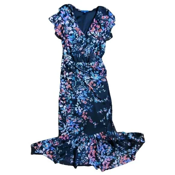 ❤️345 APT. 9 Floral Ruffled Wrap Short Sleeve Black Maxi Dress - Picture 6 of 9